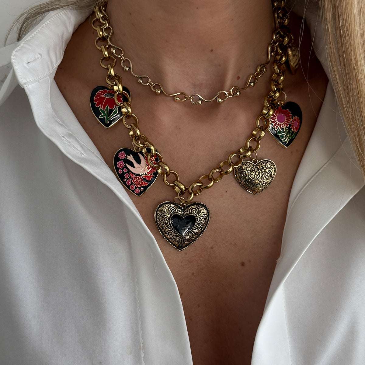Black Enamel & Goldtone Flower Heart Charm Collar Necklace