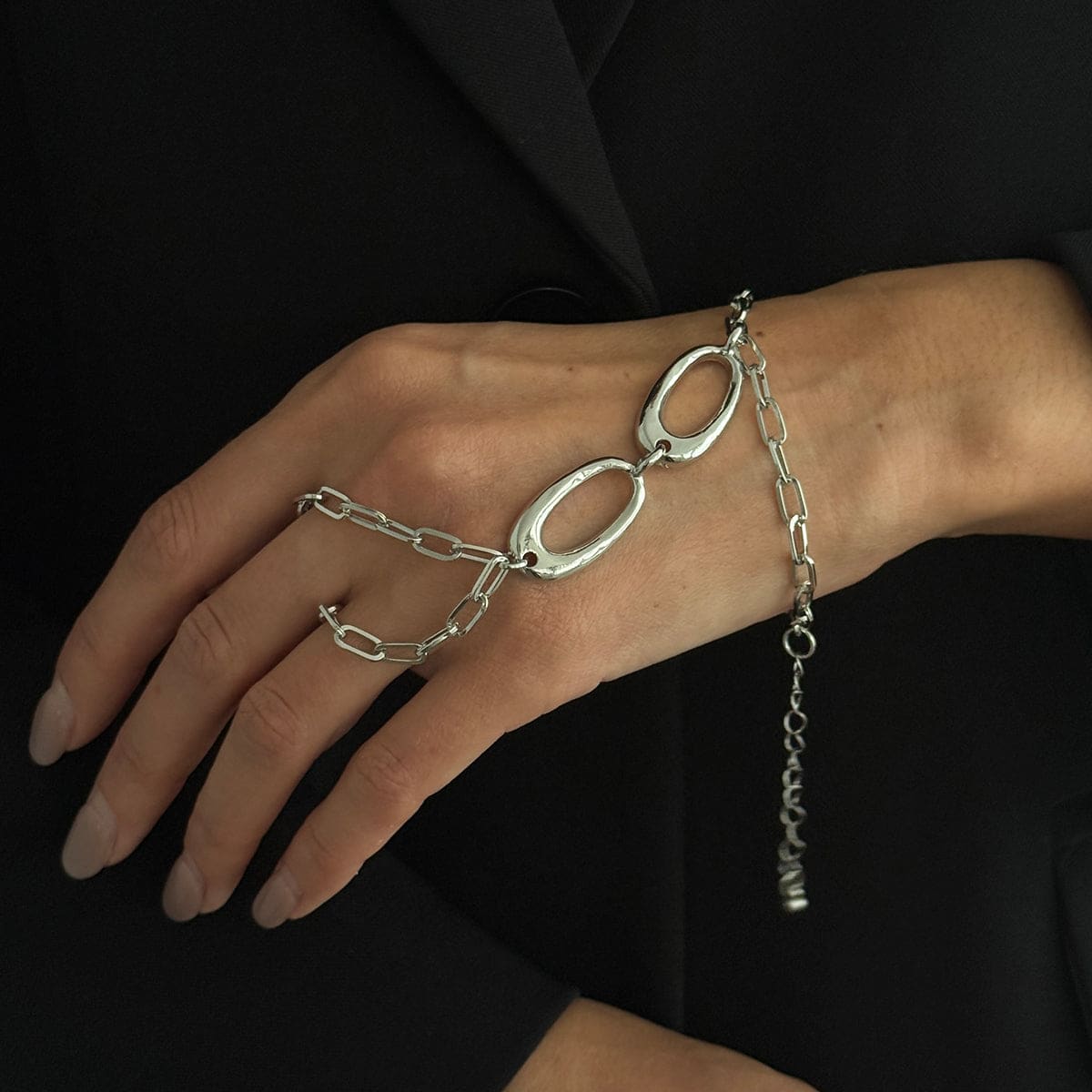 Silvertone Open Oval Finger-to-Wrist Bracelet