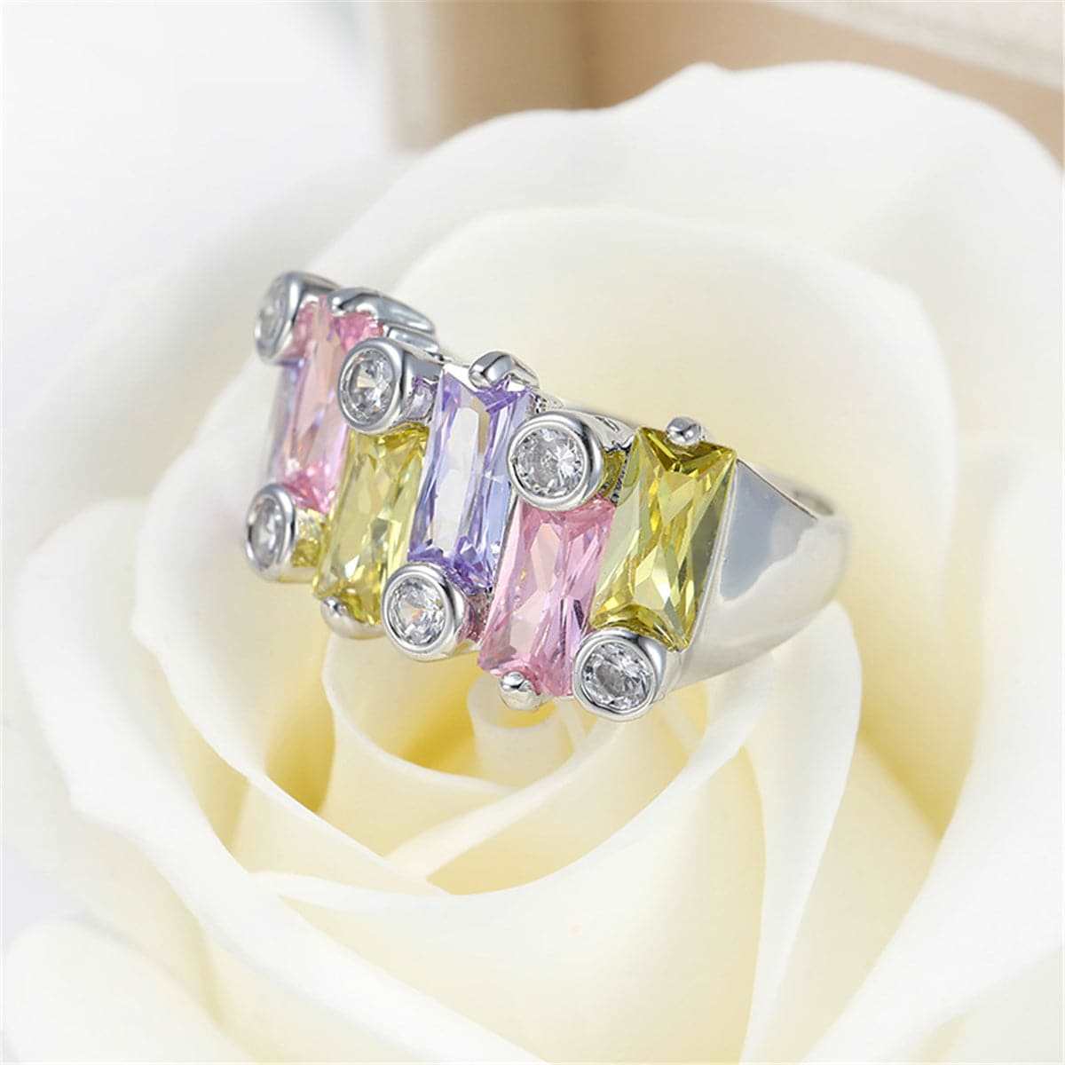 Lavender & Yellow Cubic Zirconia & Crystal Cluster Ring