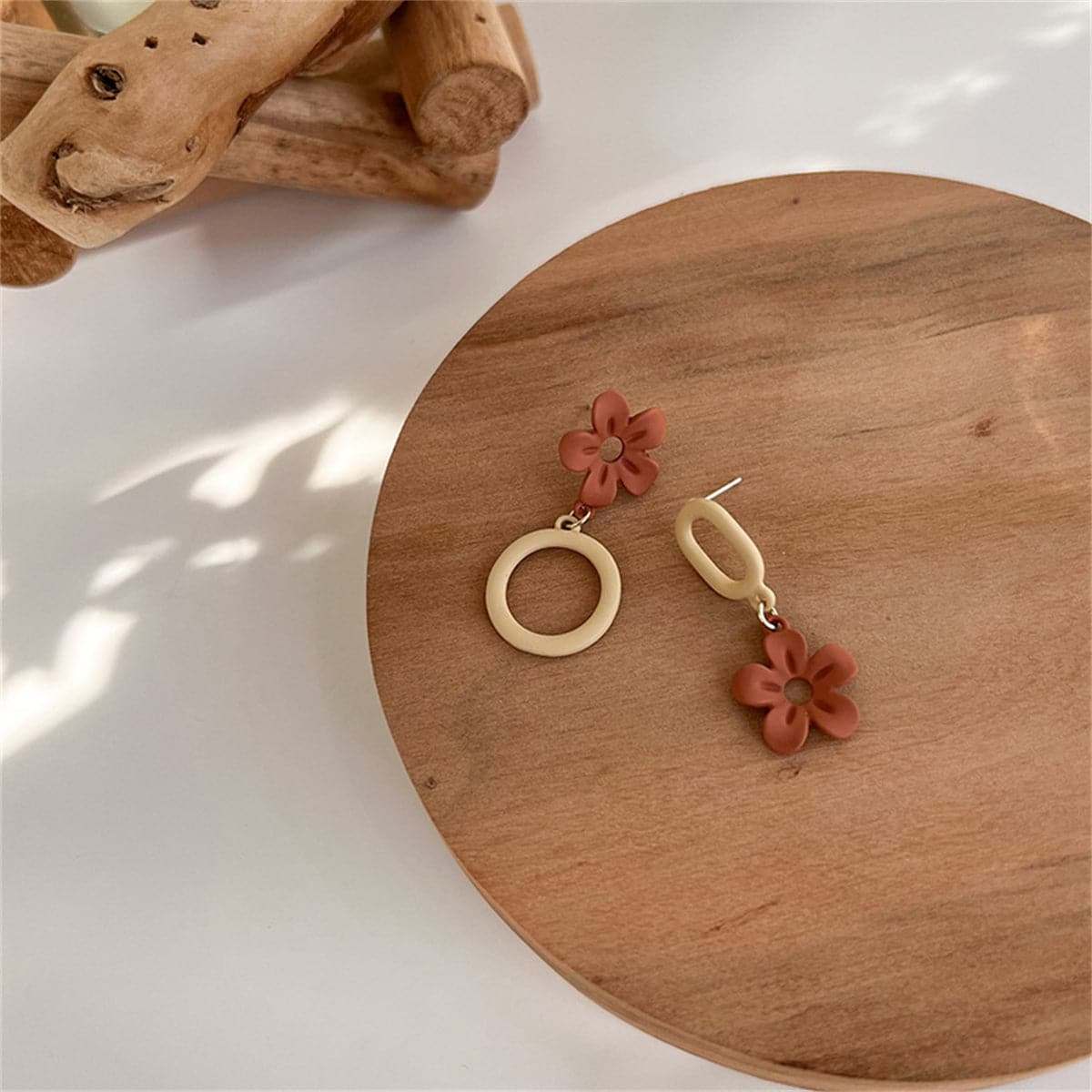 Coffee Enamel & Goldtone Flower Mismatch Drop Earring