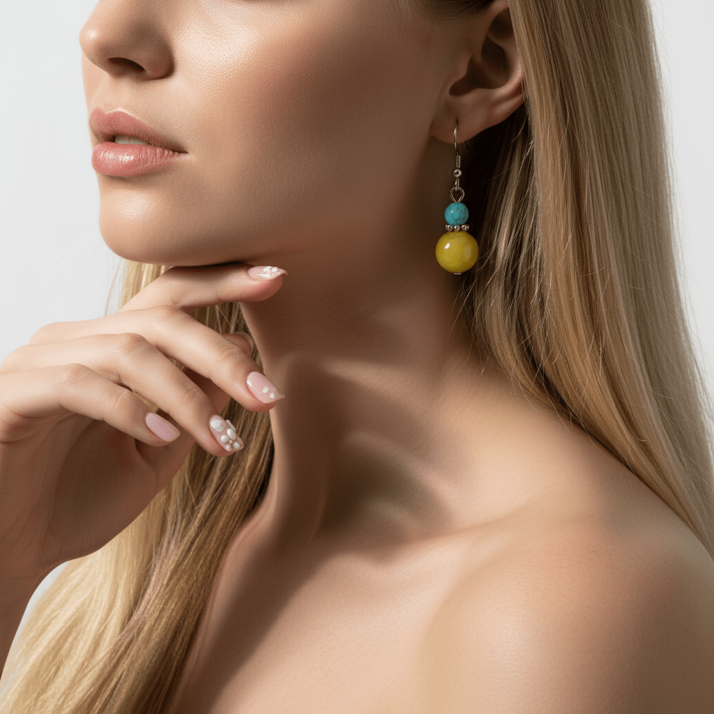 Yellow Jade & Turqouise Silvertone Gourd-Shape Hook Earrings