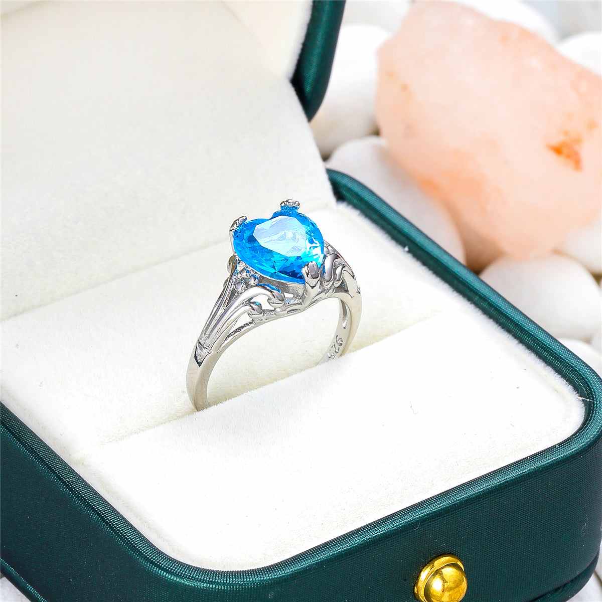 Sea Blue Crystal & Silvertone Heart Ring-2