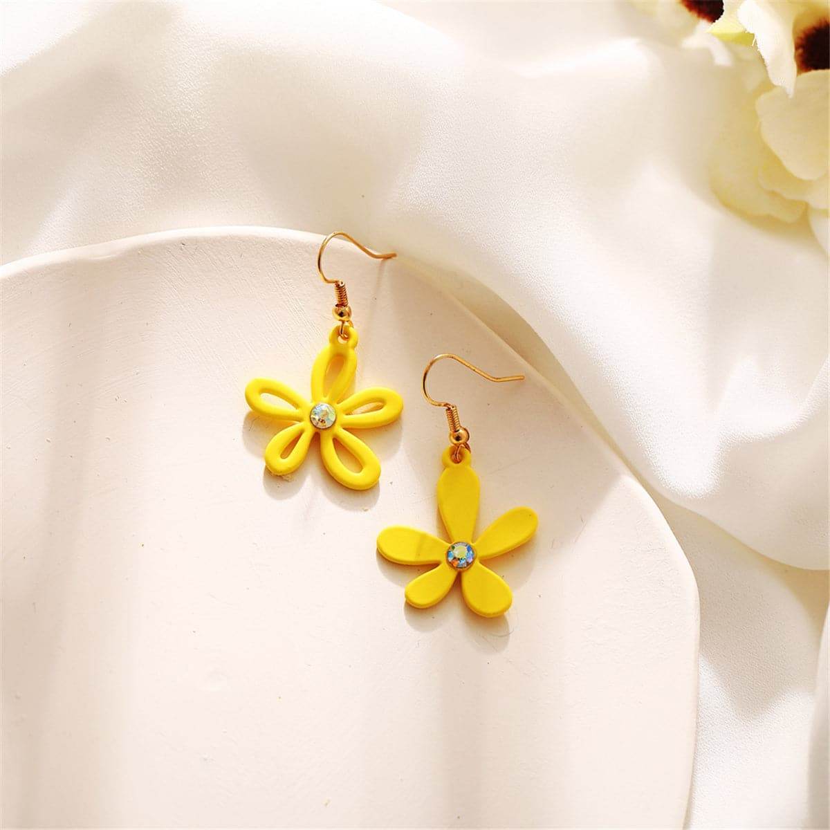 Yellow Acrylic & Cubic Zirconia Goldtone Flower Drop Earrings