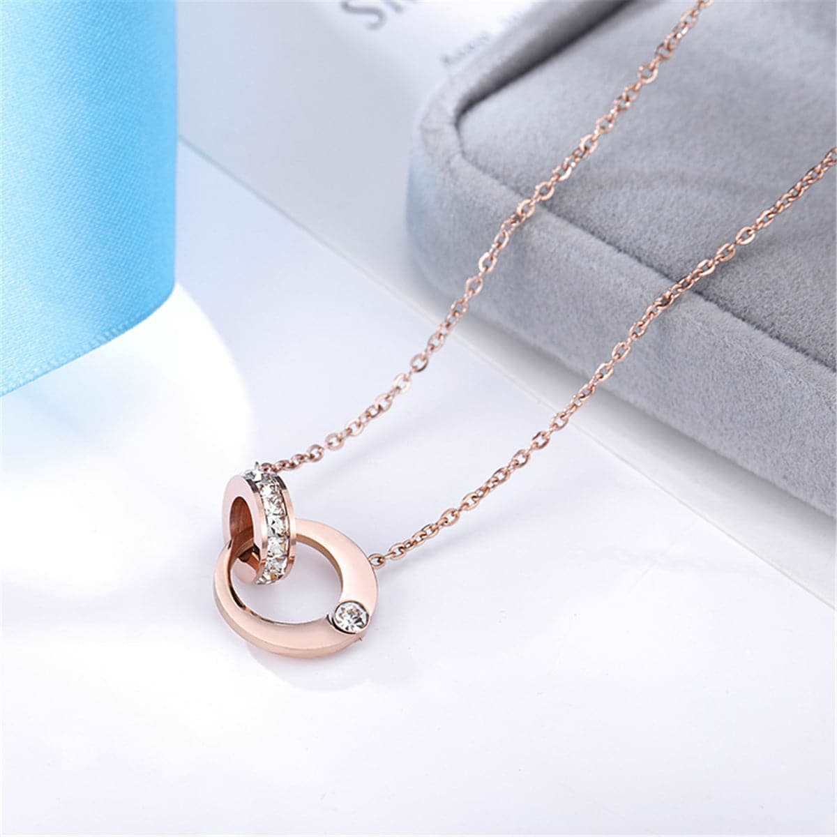Cubic Zirconia & Rose Goldtone Double Ring Pendant Necklace