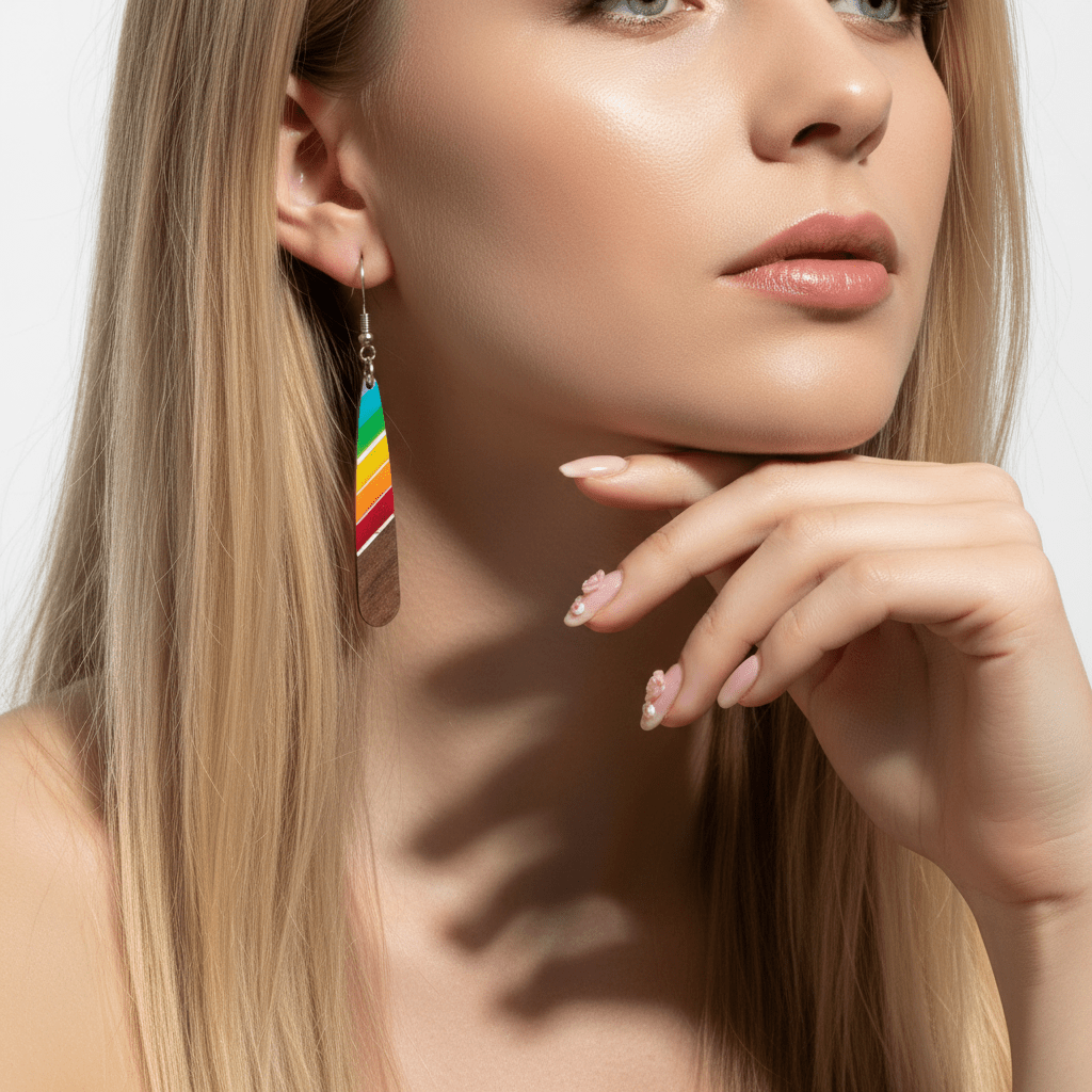 Rainbow Resin & Wood Silvertone Stripped Teardrop Hook Earrings