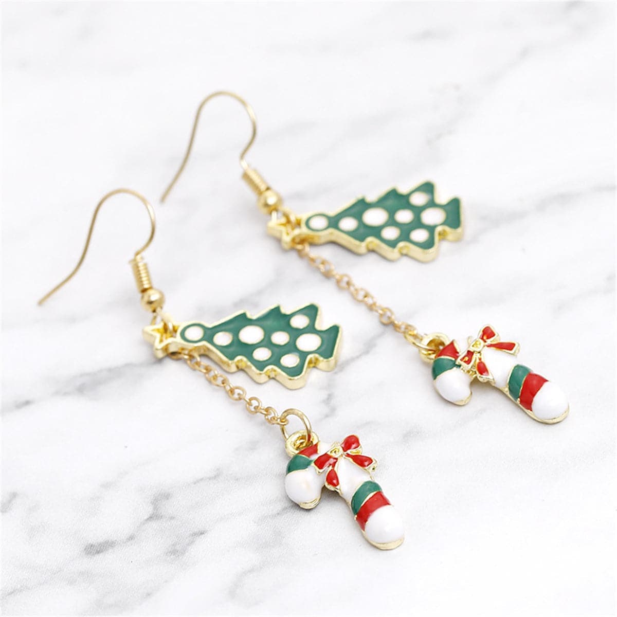 Green Enamel & Goldtone Christmas Tree Candy Cane Drop Earrings
