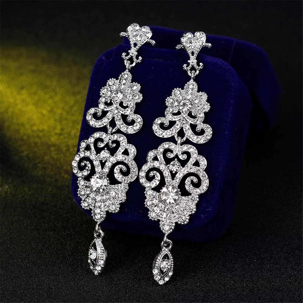 Cubic Zirconia & Silvertone Ornate Openwork Botany Drop Earrings