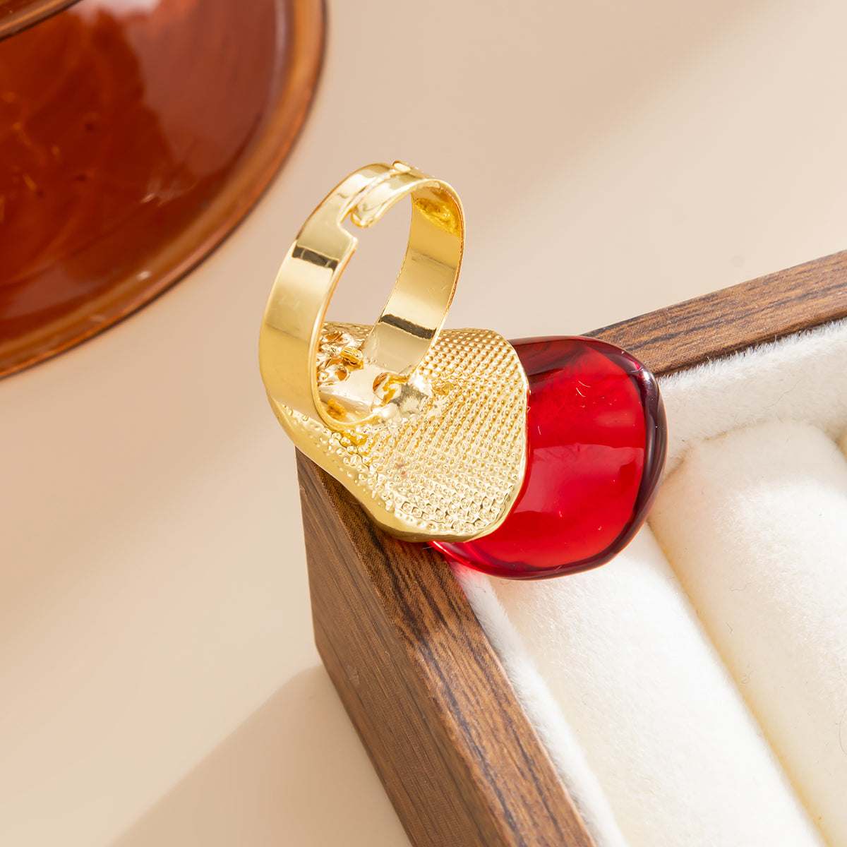 Red Resin & Goldtone Irregular Drop Open Ring