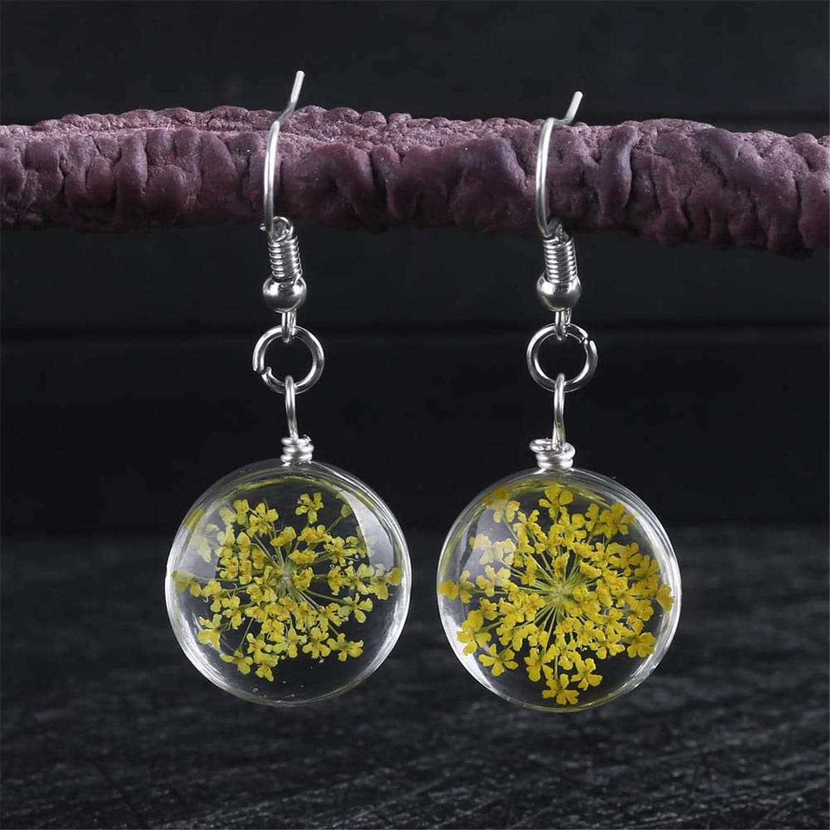 Yellow Gypsophila & Silver Plated Drop Earrings