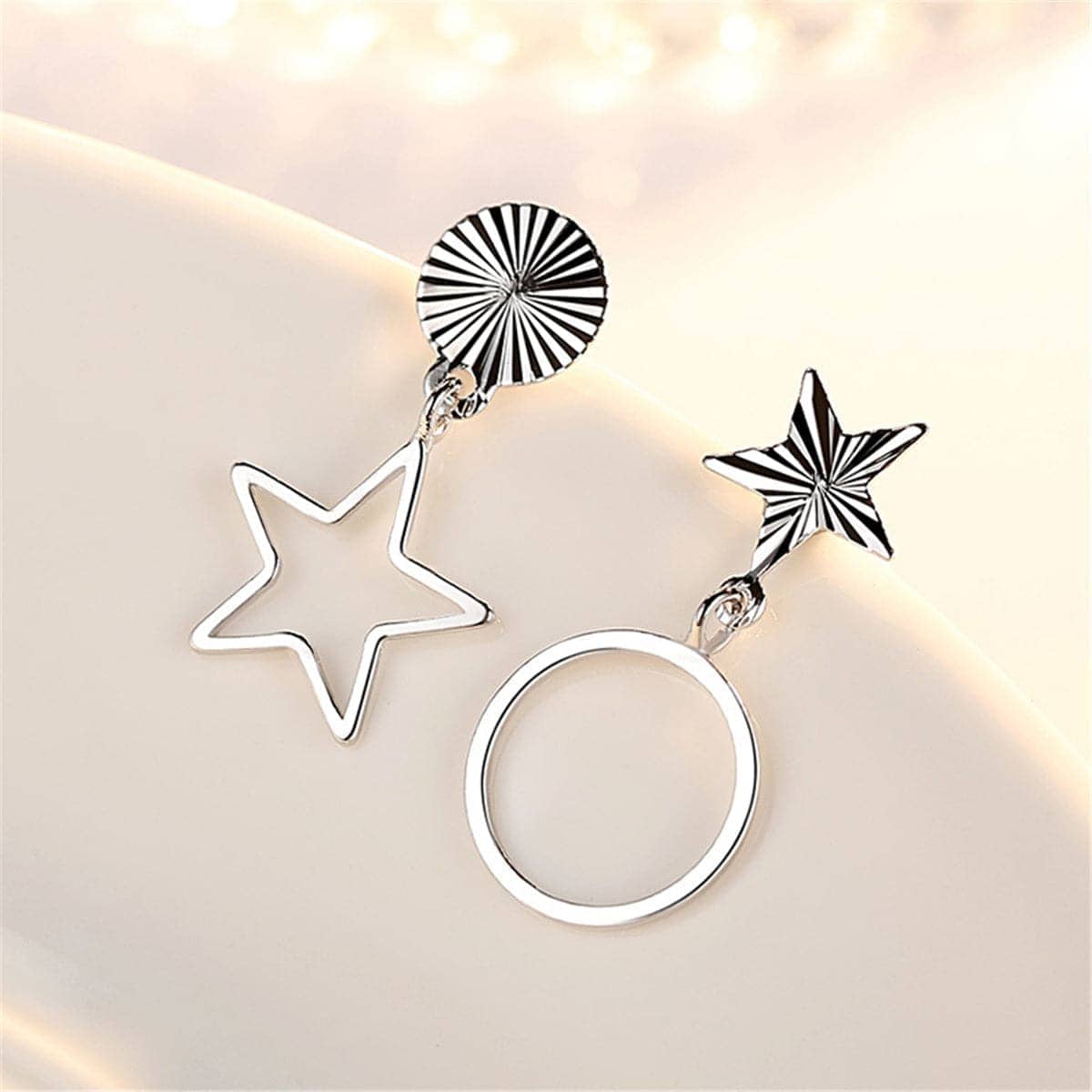 Silvertone Open Circle & Star Asymmetrical Drop Earrings