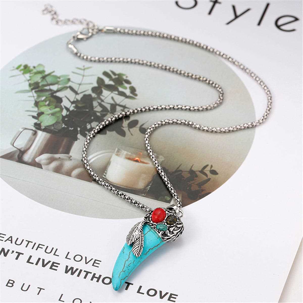 Turquoise & Silvertone Horn Pendant Necklace