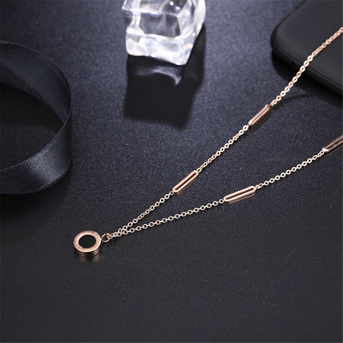 Black & Rose Goldtone Roman Numeral Plate Pendant Necklace