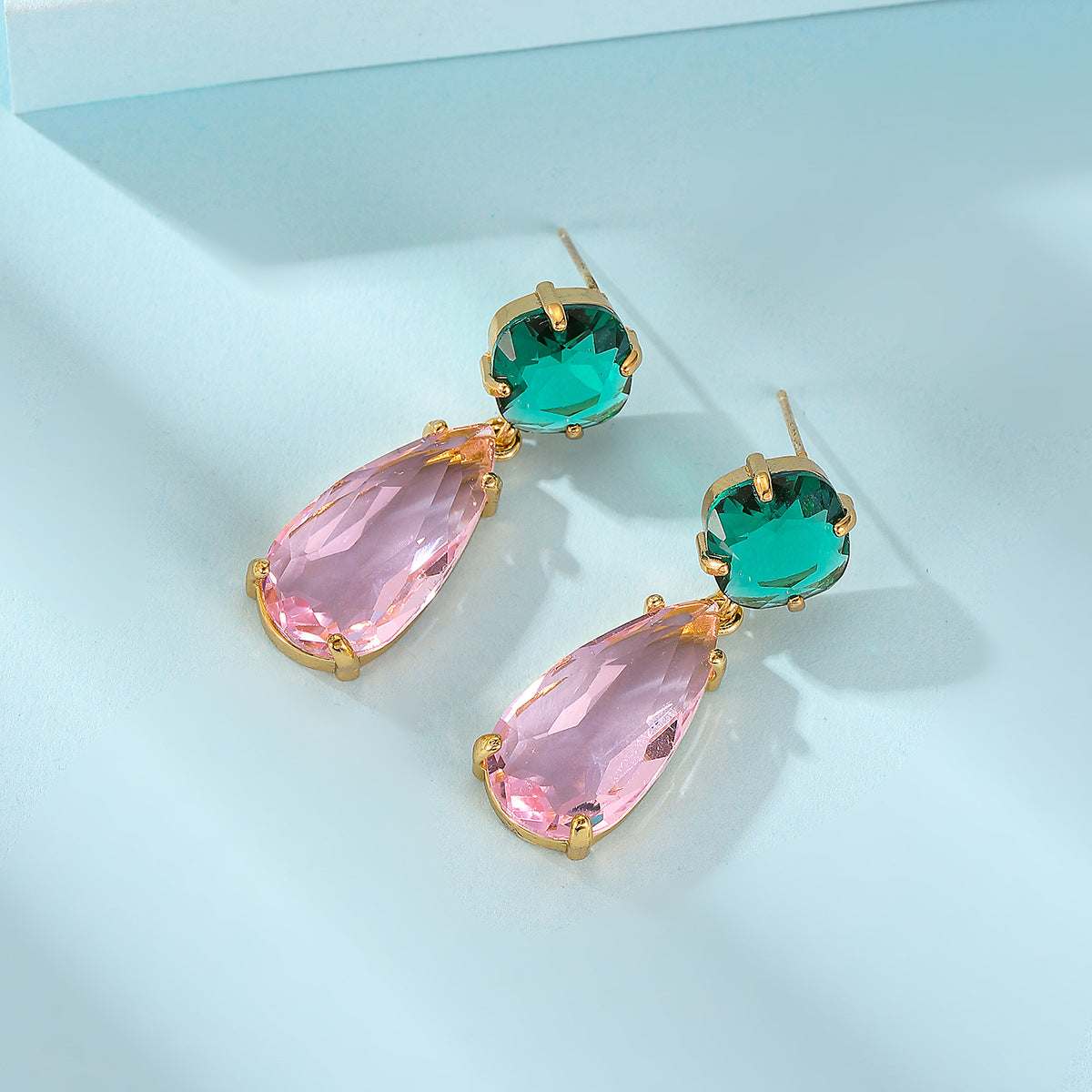 Green & Pink Crystal Goldtone Cushion Drop Earrings