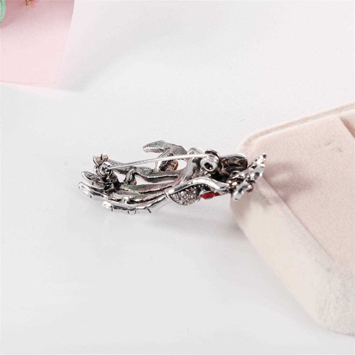 Cubic Zirconia & Silvertone Skeleton Hand Brooch