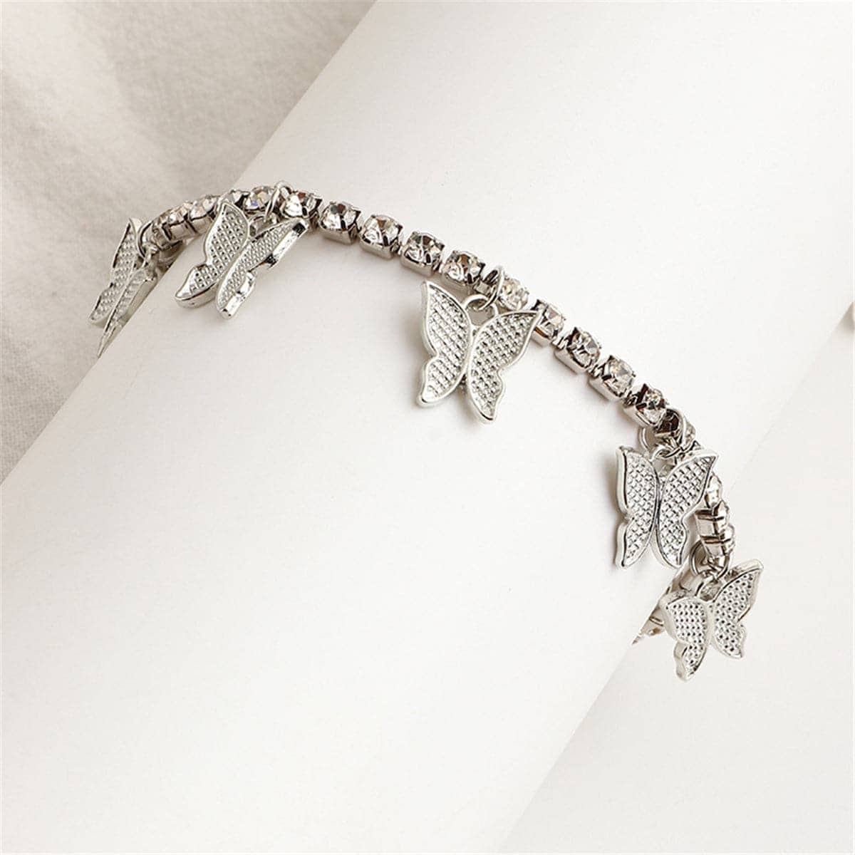 Cubic Zirconia & Silvertone Butterfly Station Anklet