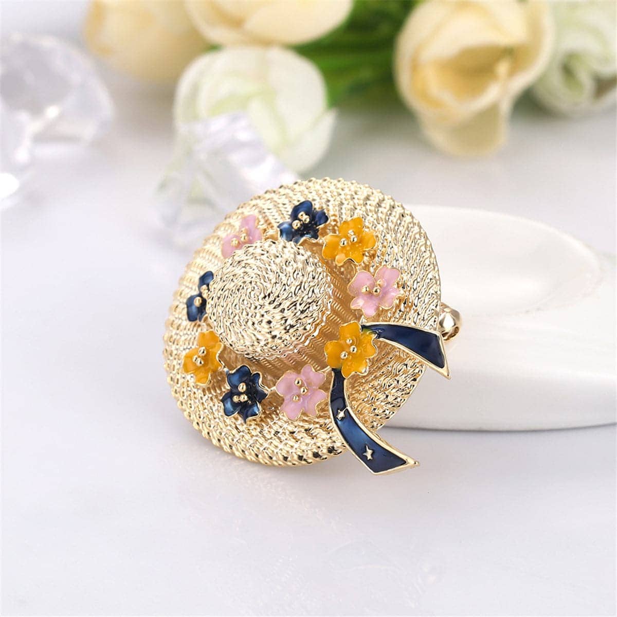 Enamel & Goldtone Floral Sunhat Brooch