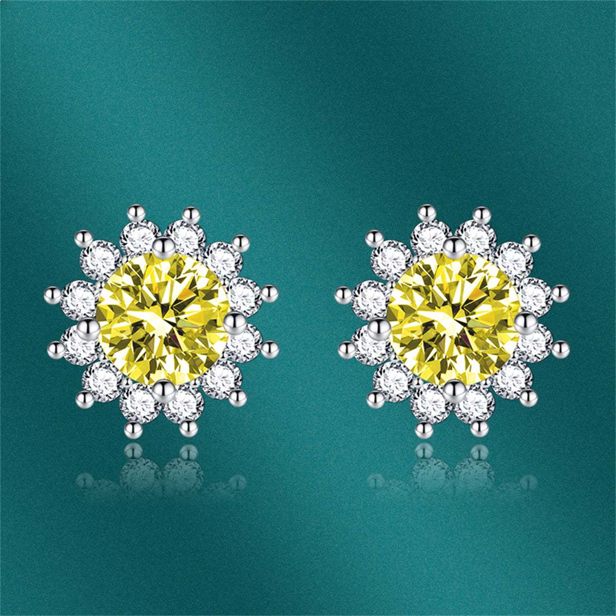 Yellow Crystal & Cubic Zirconia Silvertone Flower Stud Earrings