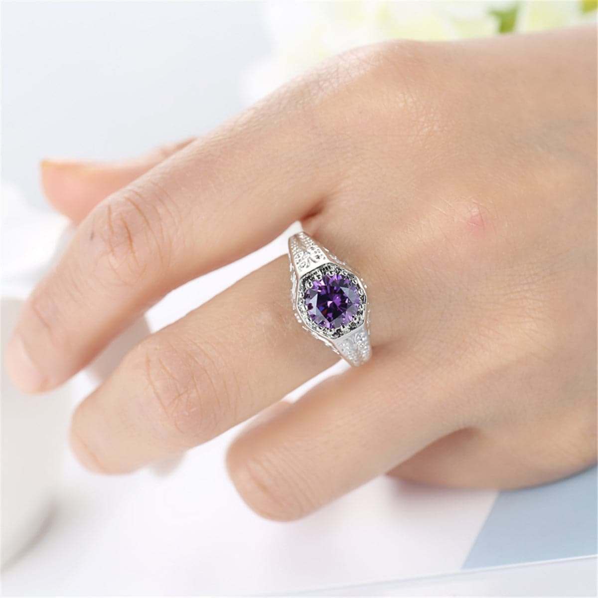 Purple Crystal & Silvertone Flush-Band Ring