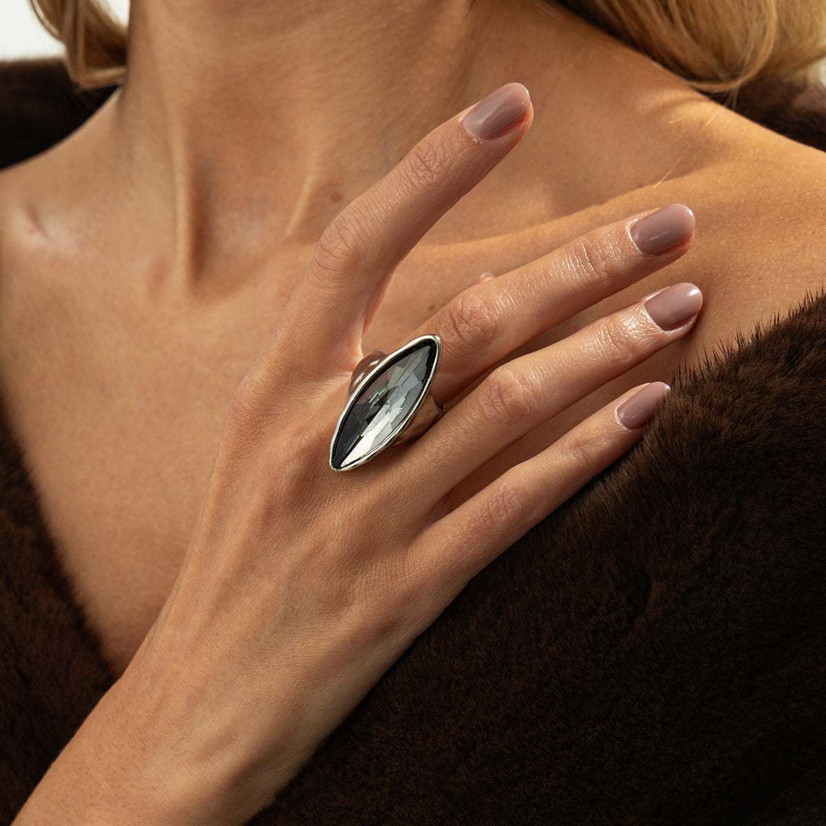 Gray Crystal & Silvertone Marquise Open Ring