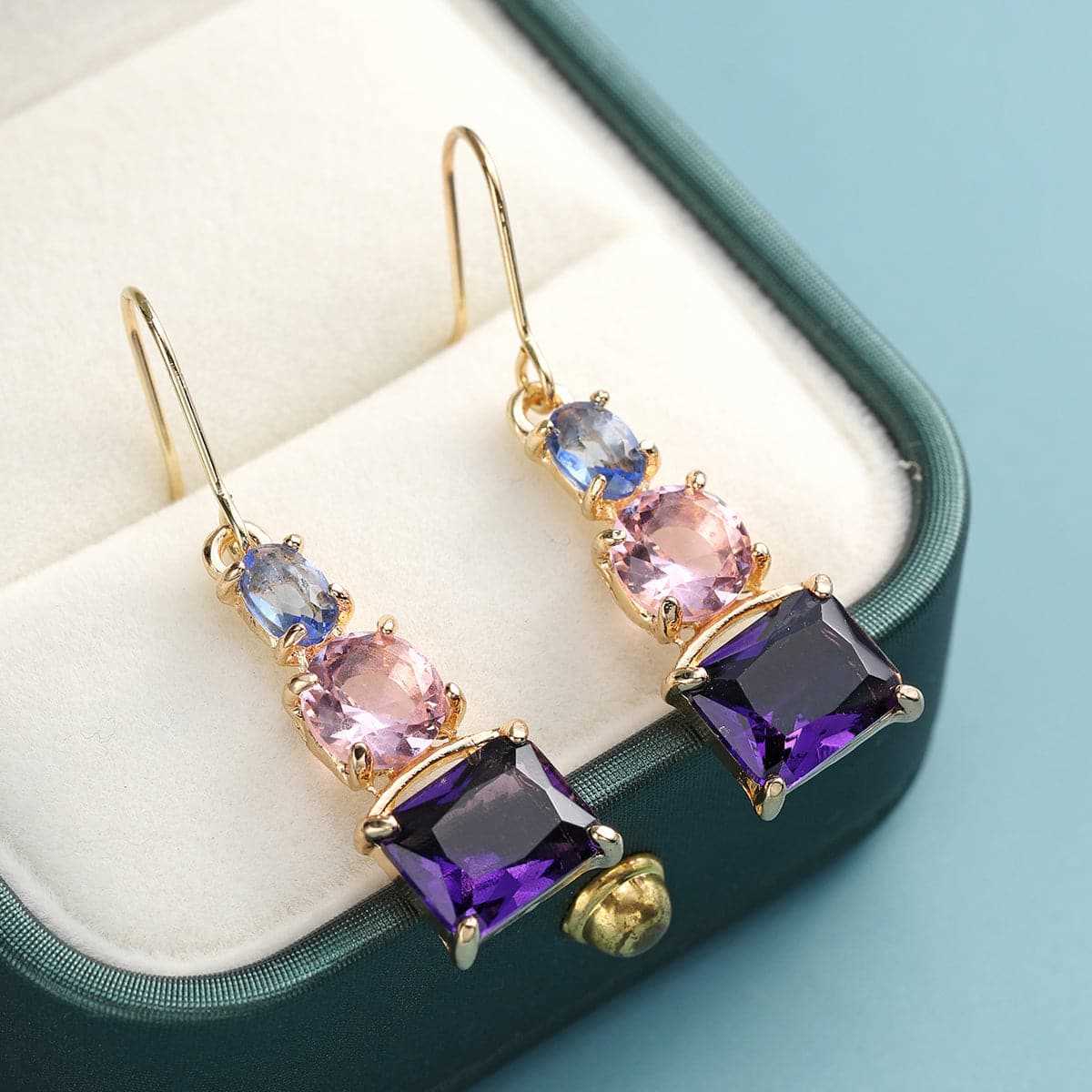 Purple Crystal & 18K Gold Plated Square Drop Earrings