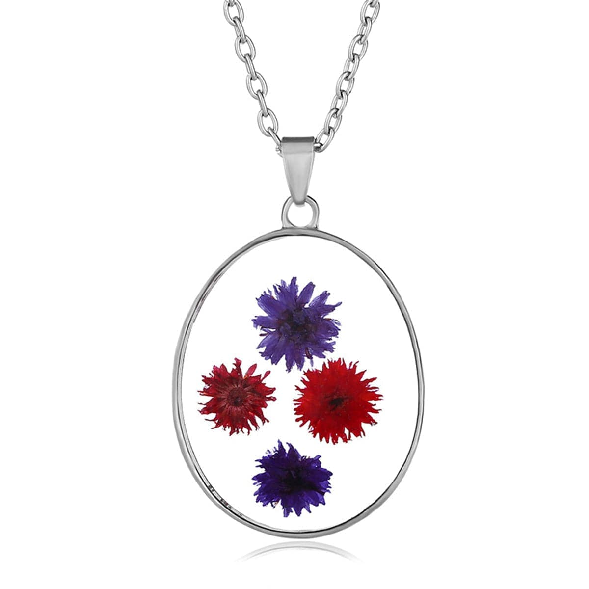 Red & Blue Pressed Flower Oval Pendant Necklace