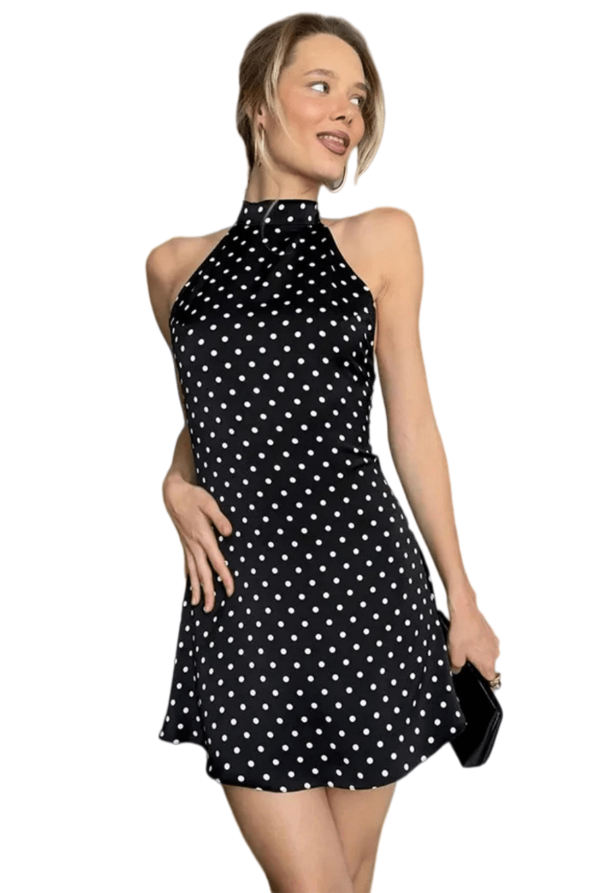 Chic YC Women's Polka Dot Halter Neck Mini Dress Elegant Sleeveless Bodycon Summer Party Dress Black / XL