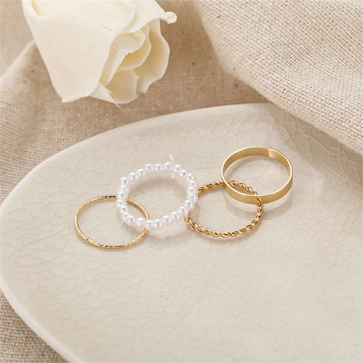 Pearl & Goldtone Band Ring Set