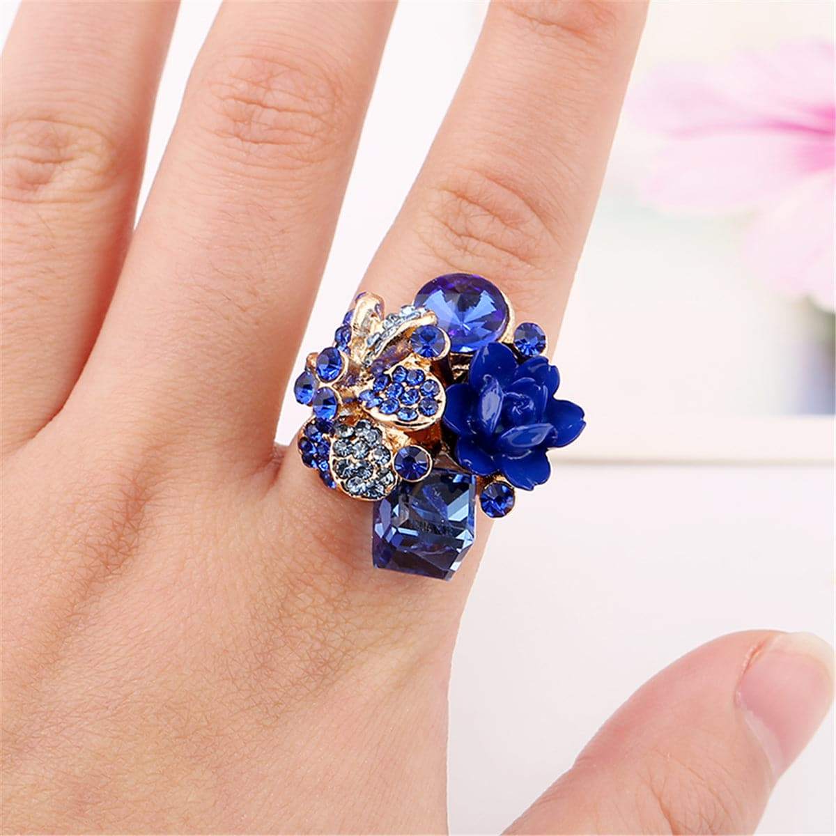 Blue Crystal & Cubic Zirconia Group Flower Ring