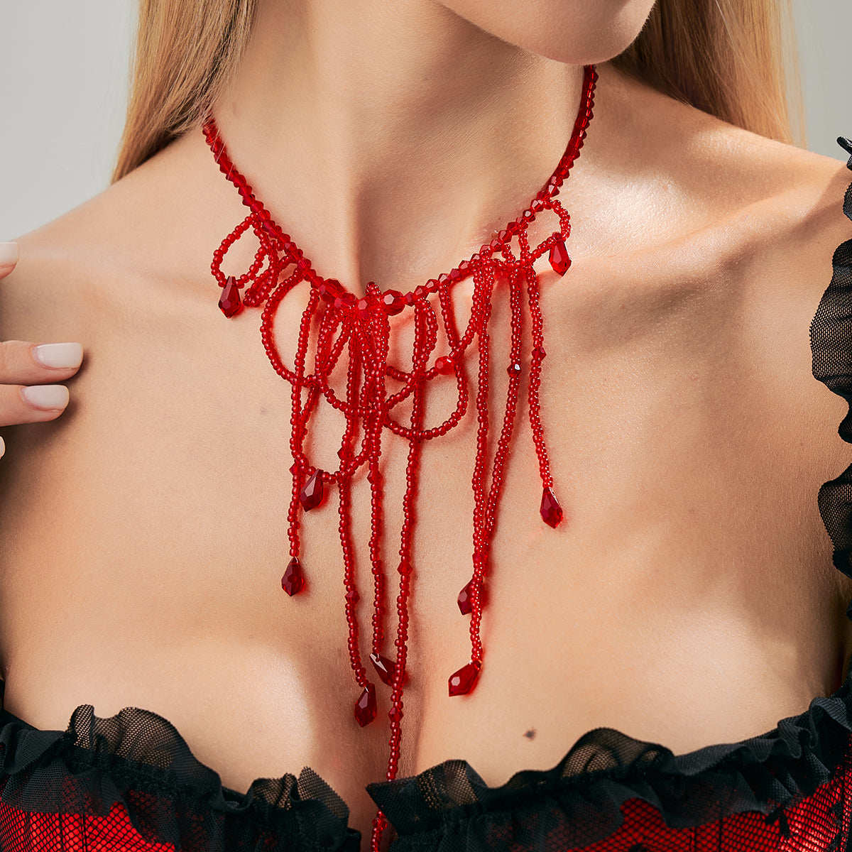 Red Acrylic & Silvertone Tassel Necklace