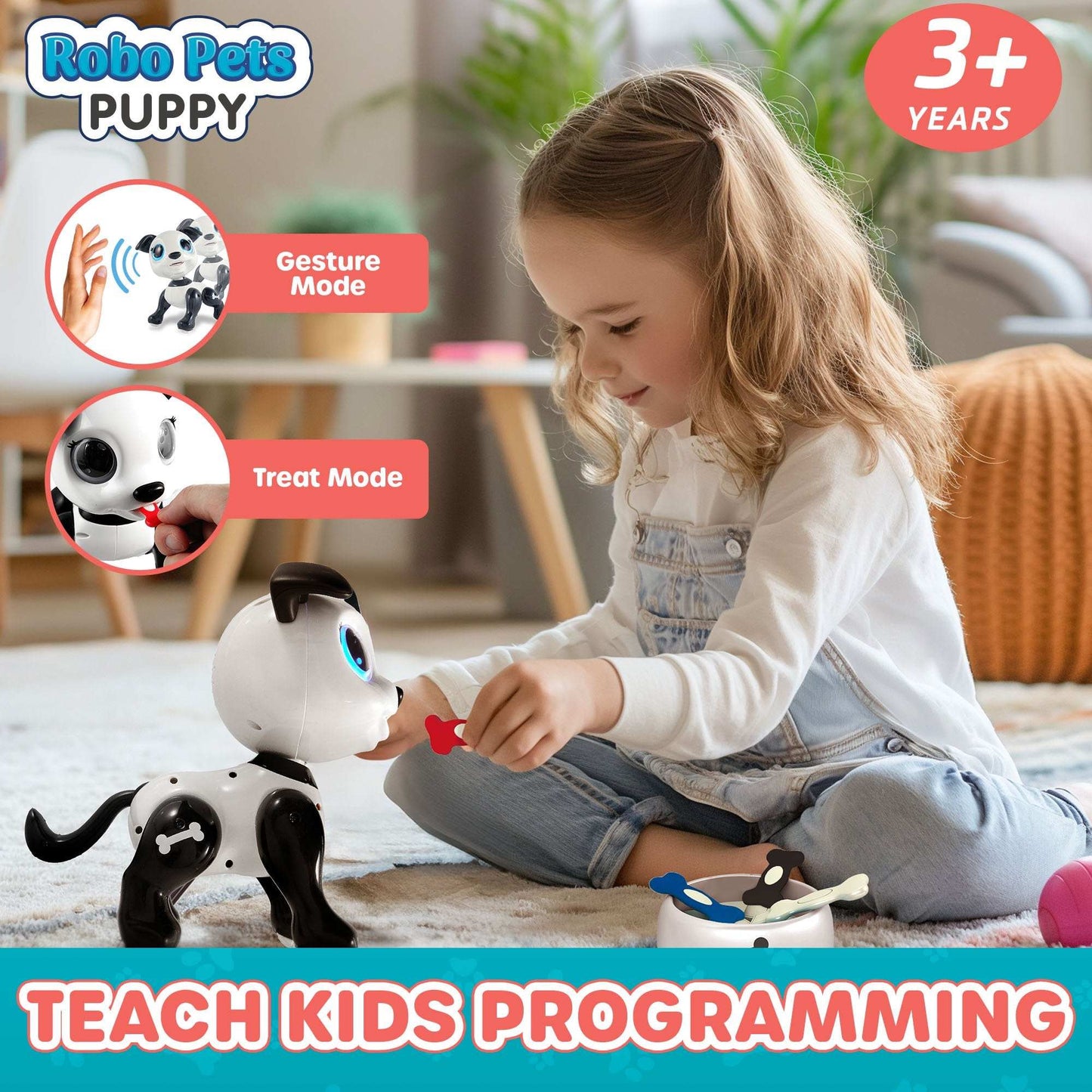 Black and white robot dog, white remoted, black, red, blue and gray food-