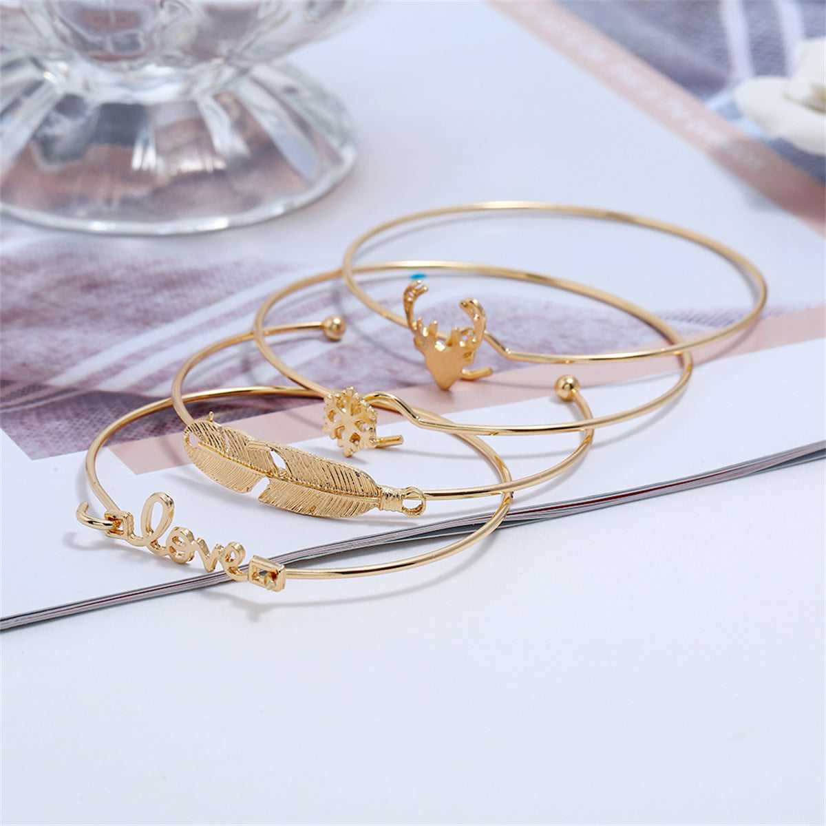 Goldtone 'Love' Snowflake Antlers Bangle & Cuff Set