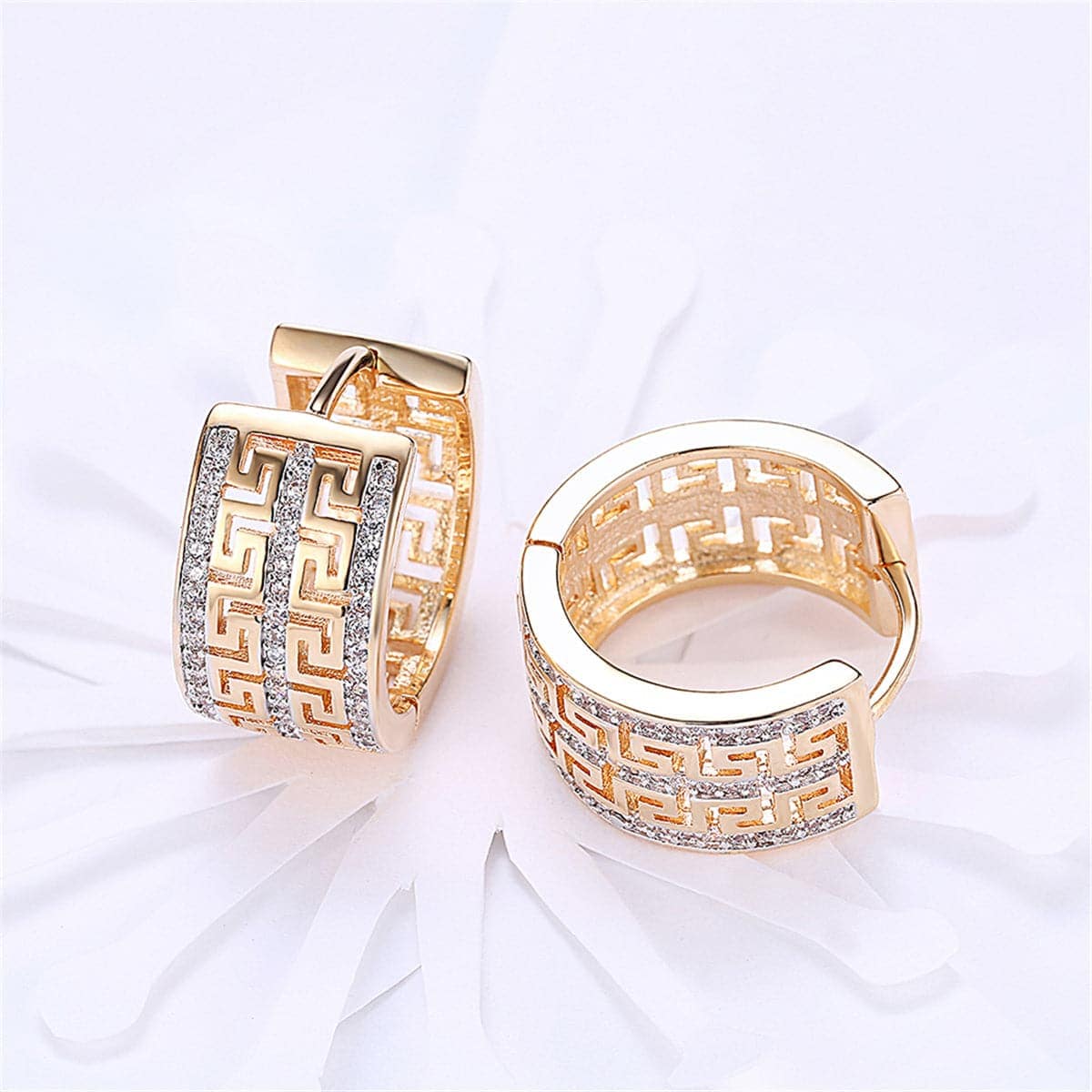 Cubic Zirconia & Goldtone Greek Key Huggie Earrings