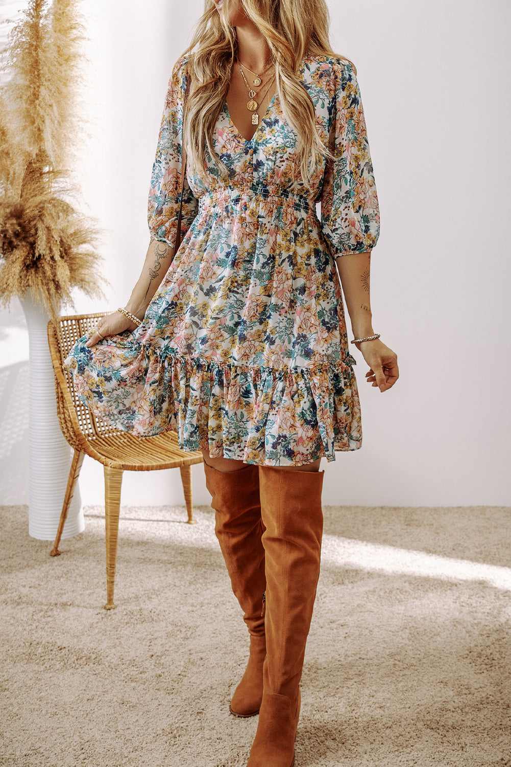 Threaded Pear Amira High Waist Ruffled Dress