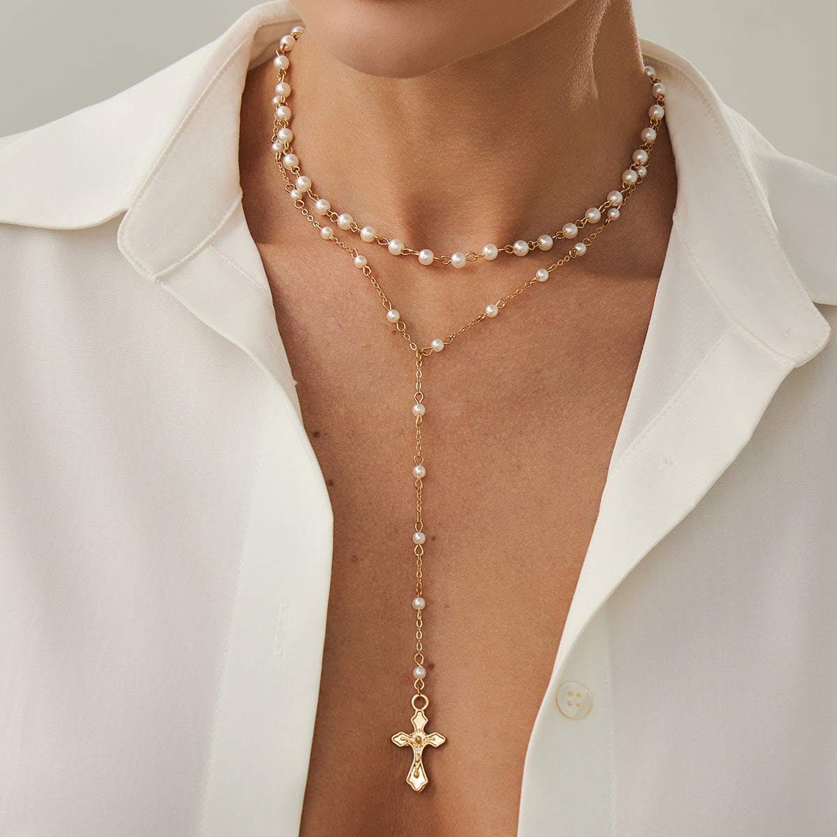 Pearl & Goldtone Cross Drop Necklace Set
