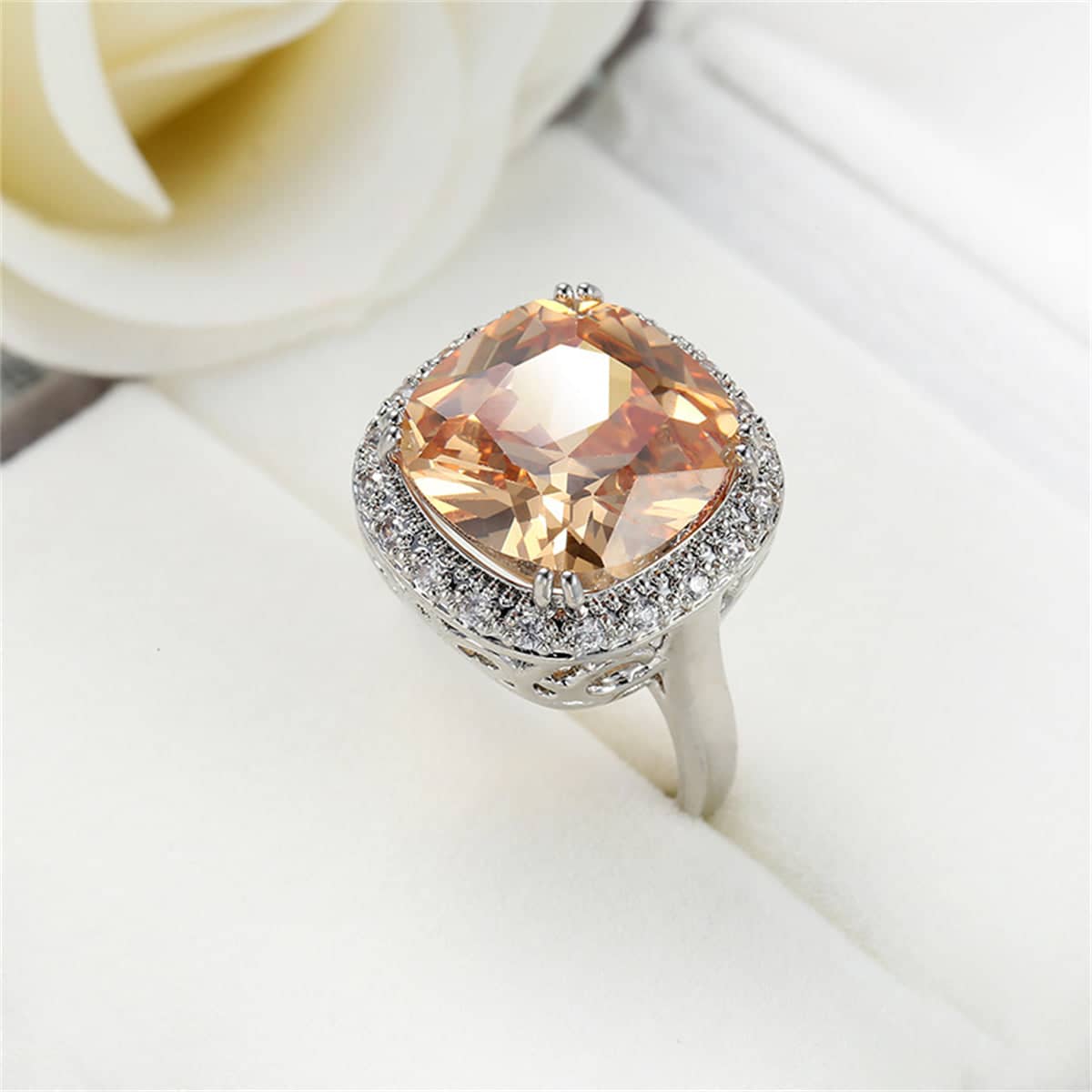 Champagne Crystal & Cubic Zirconia Halo Cushion-Cut Ring