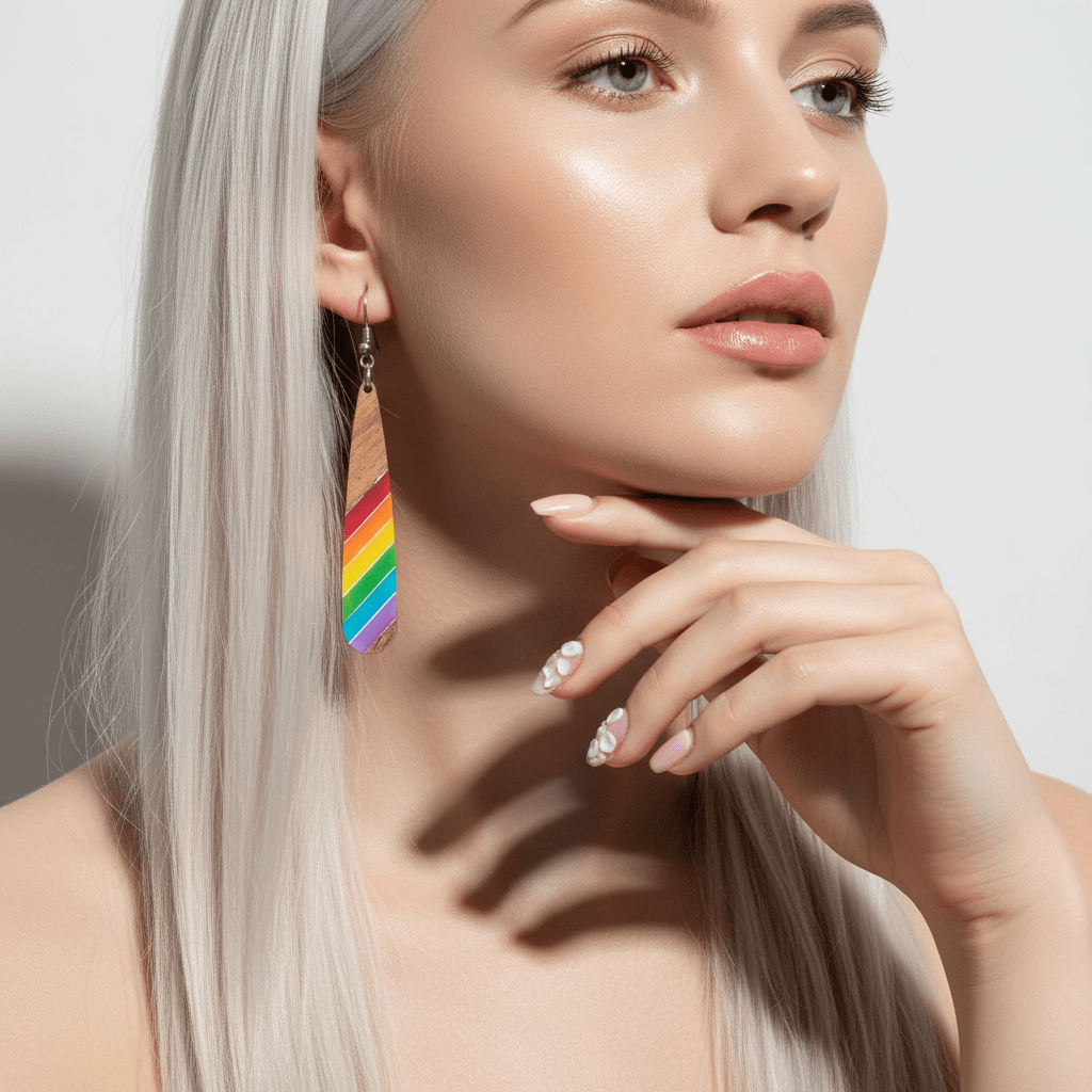 Rainbow Resin & Wood Silvertone Stripped Drop Hook Earrings