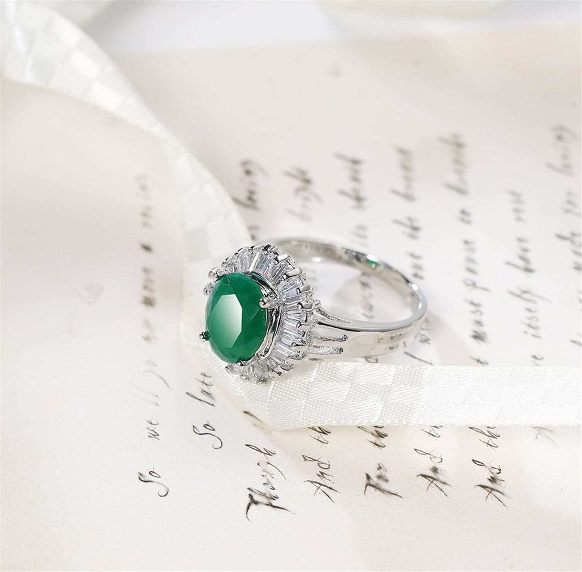 Green Crystal & Silvertone Botany Ring