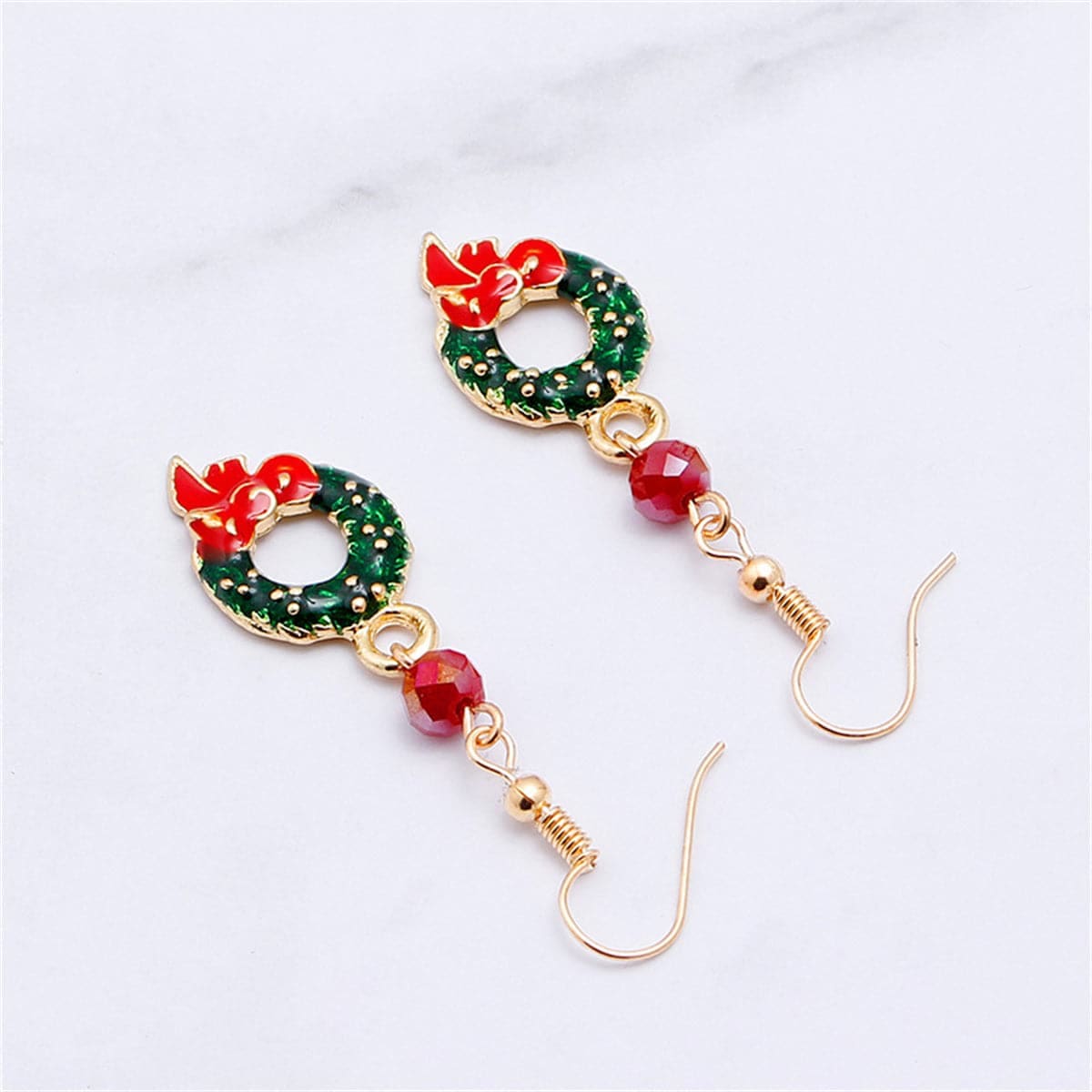 Green & Pink Enamel Goldtone Bow Wreath Drop Earrings