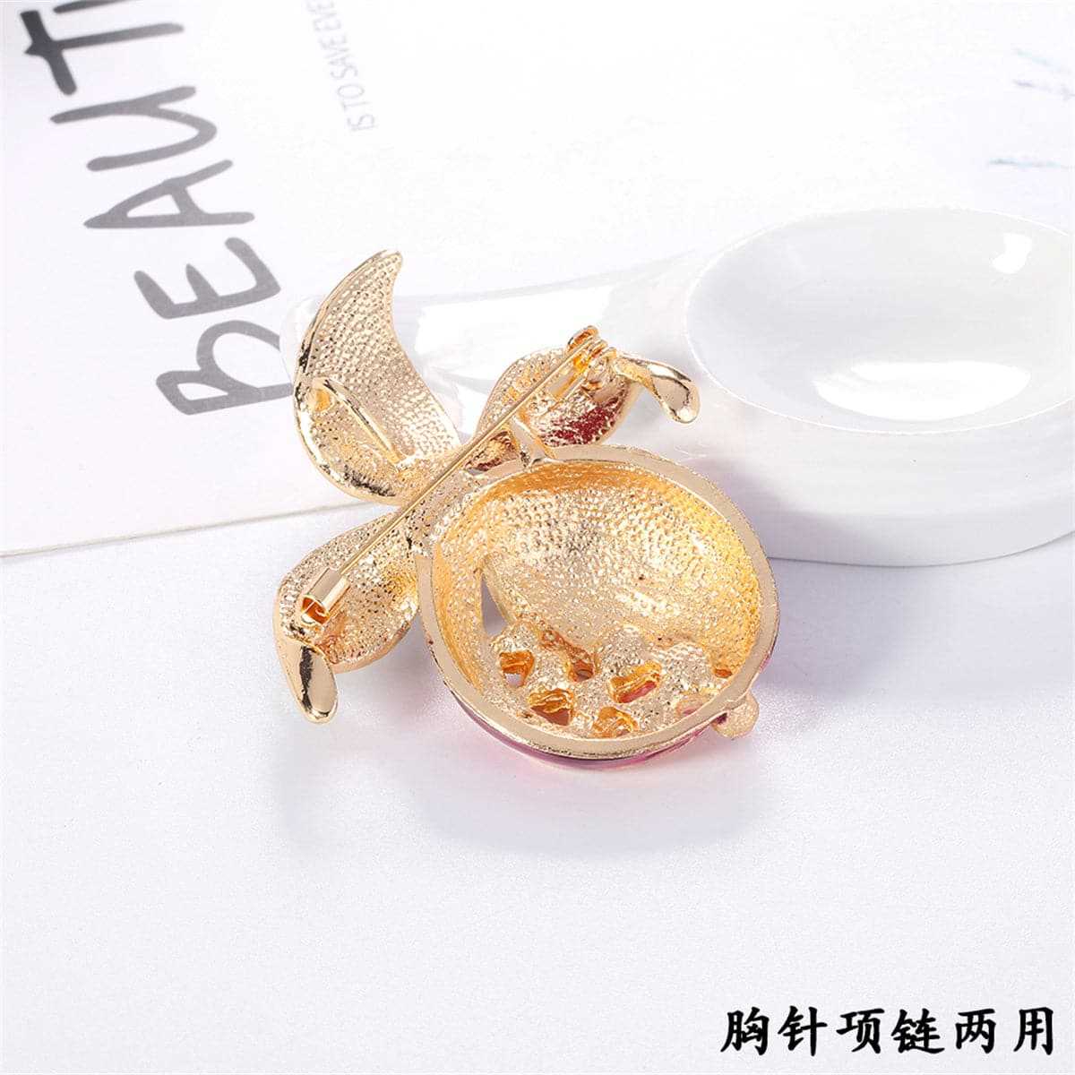 Clear Cubic Zirconia & Pearl Enamel Goldtone Pomegranate Brooch