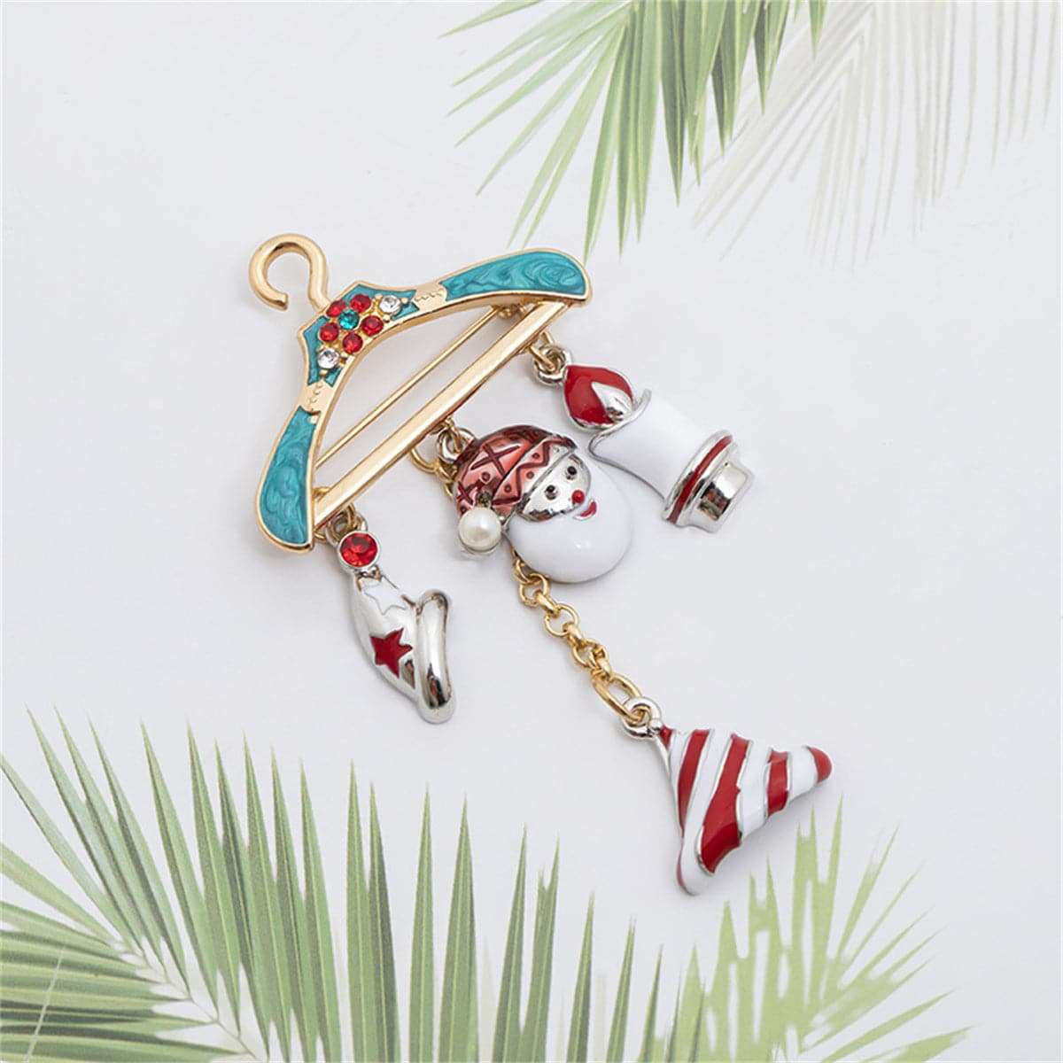 Cubic Zirconia & Pearl Enamel Christmas Charm Hanger Brooch