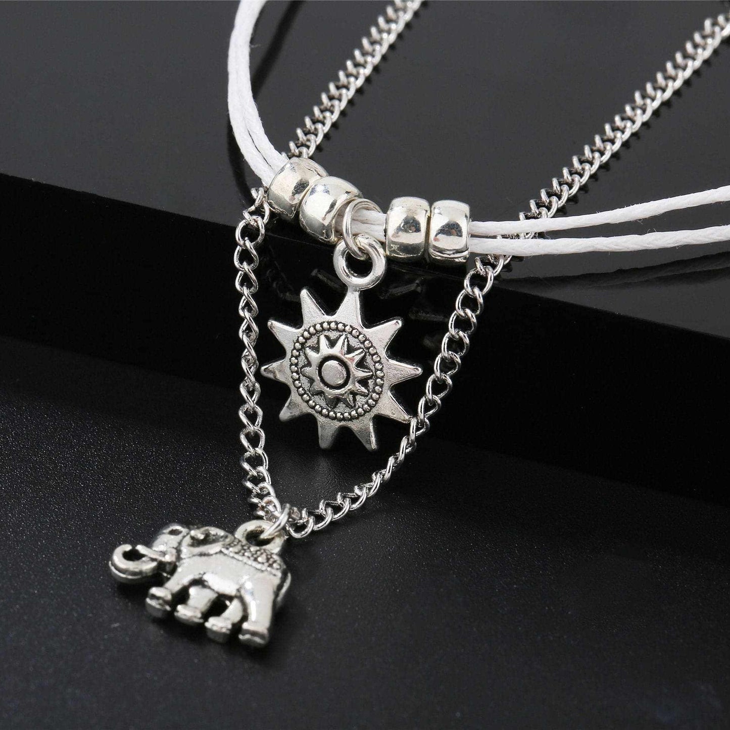 Silvertone Sun & Elephant Charm Anklet