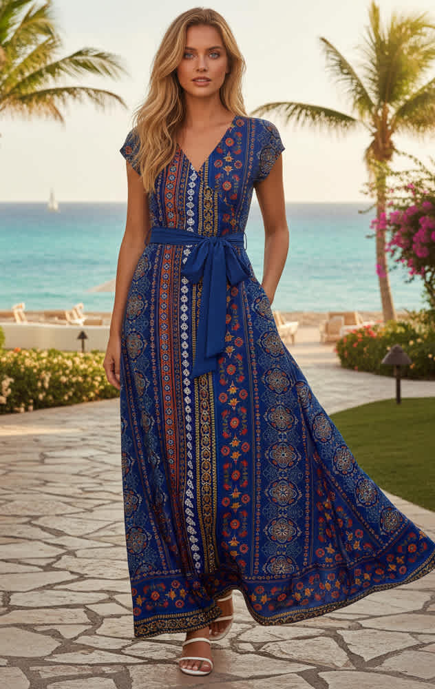 Lily by Firmiana Women’s Short Sleeve Maxi Dress Women’s Apparel Blue Orange Border Print Blue Orange / S