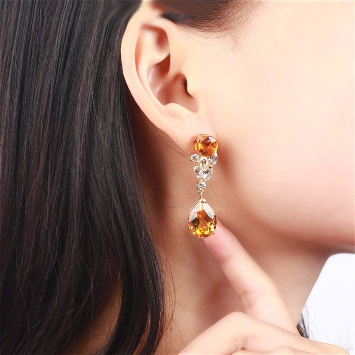 Yellow Crystal & Goldtone Pear Drop Earrings