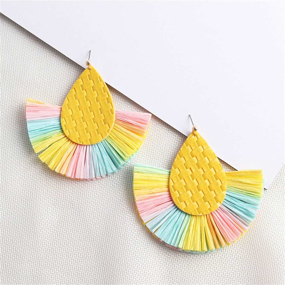 Yellow & Pink Fringe Pear Drop Earrings