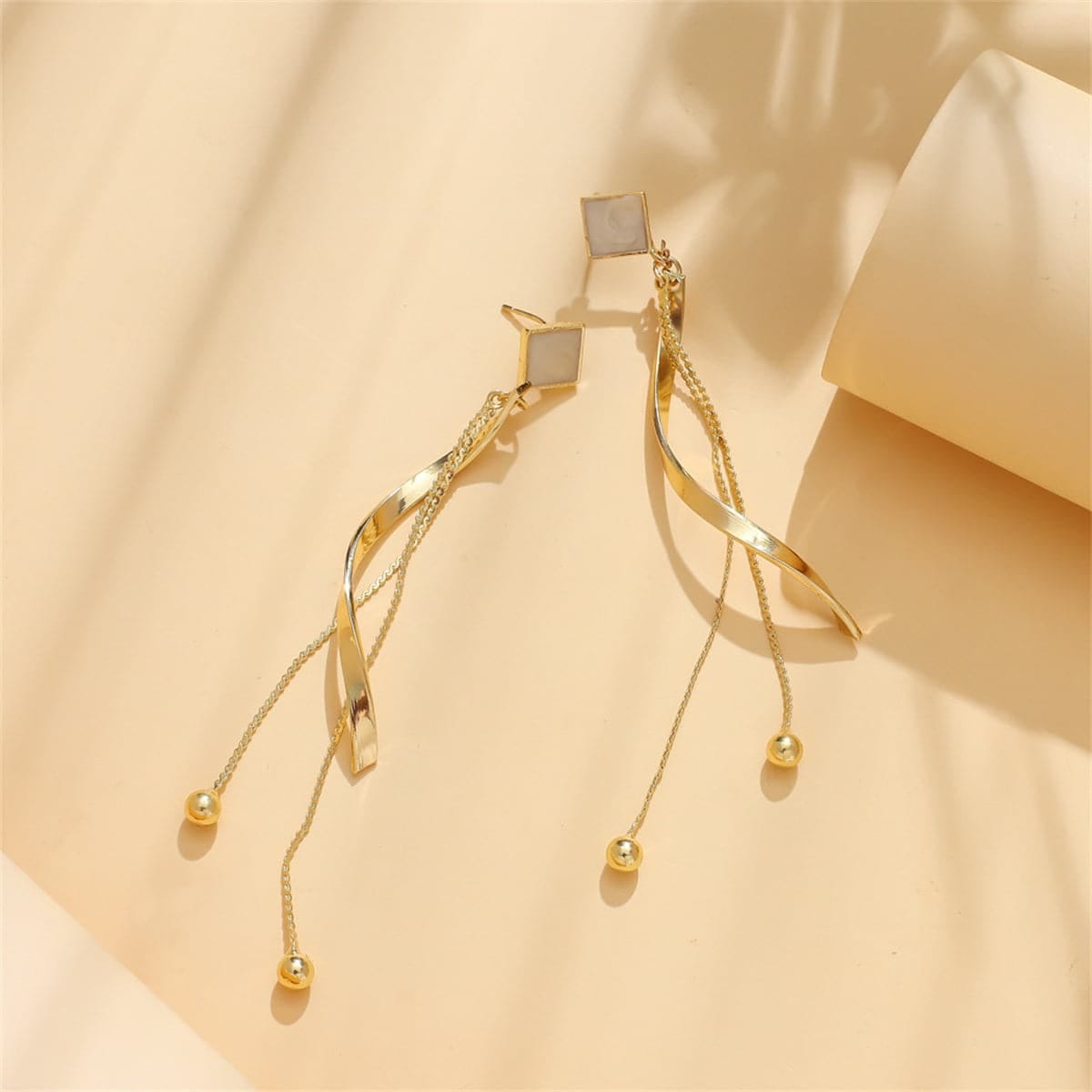 White Enamel & Goldtone Rhombus Twisted Tassel Drop Earrings