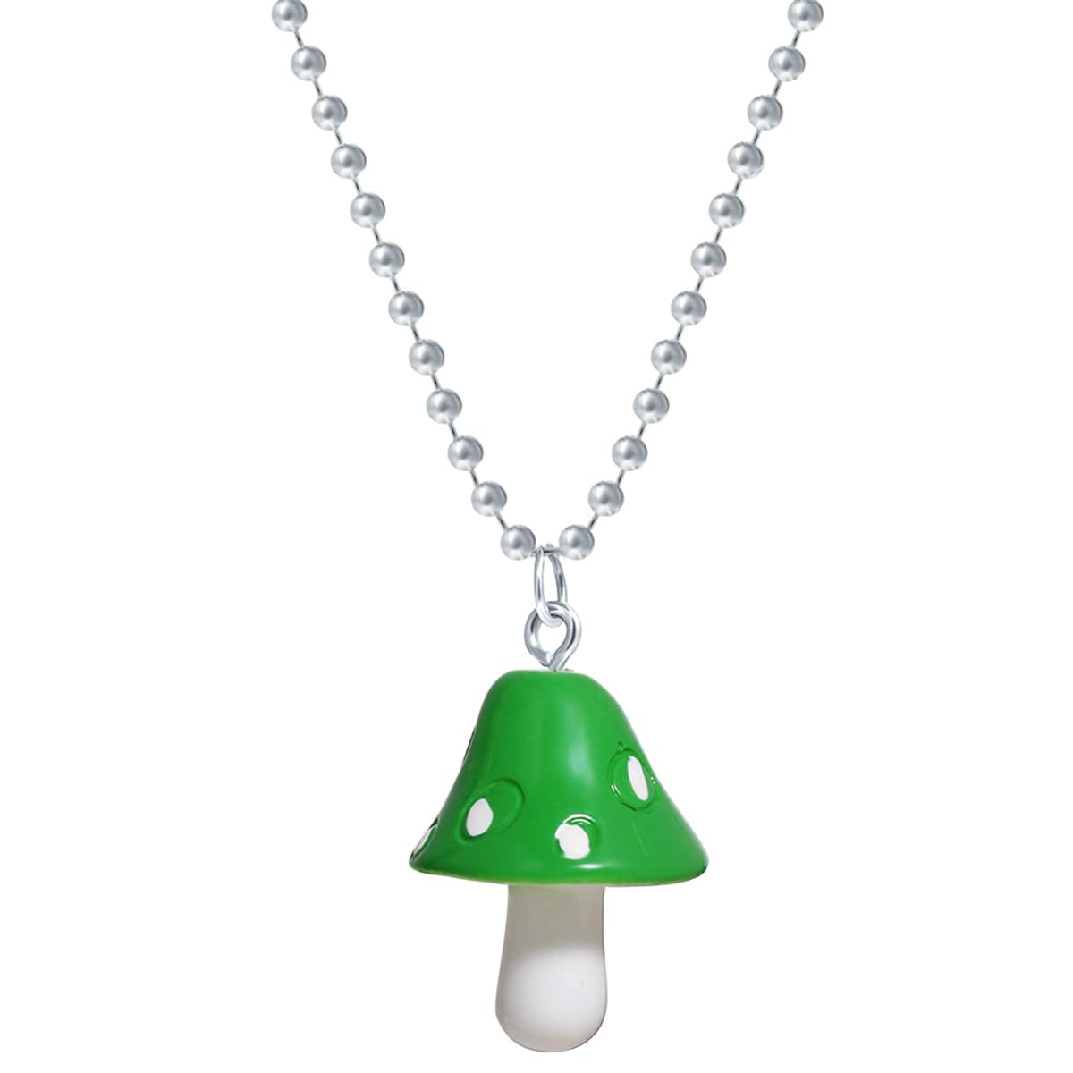 Green Resin & Silvertone Ball Chain Mushroom Pendant Necklace