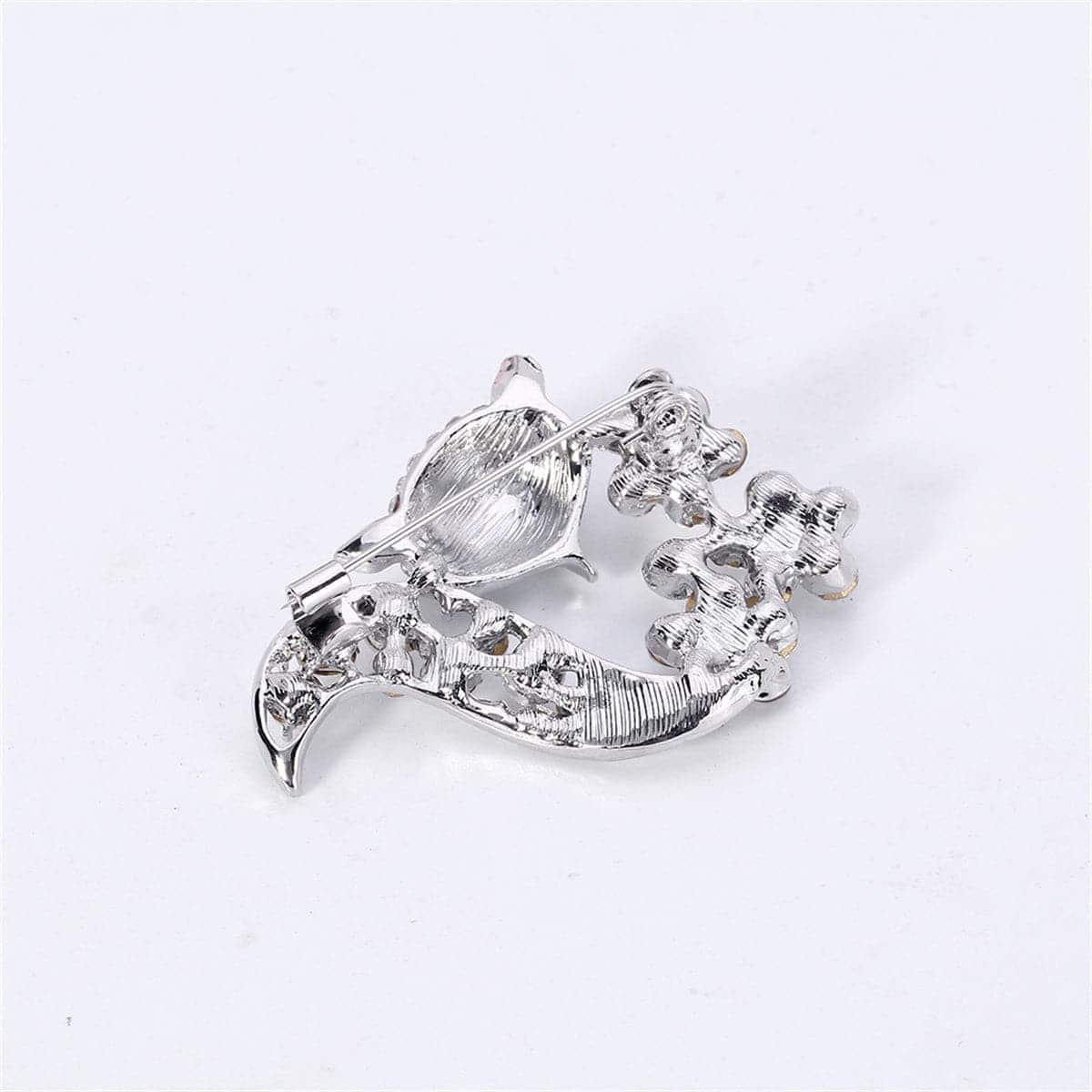 Clear Cubic Zirconia & Silvertone Floral Fox Brooch