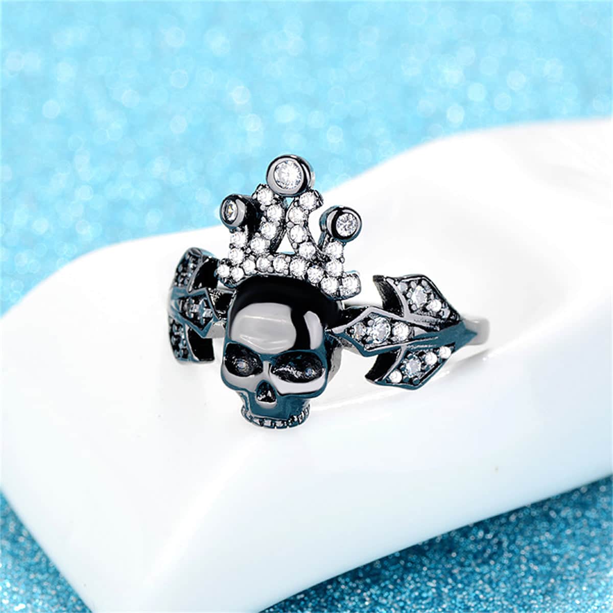 Cubic Zirconia & Black-Tone Crown Skull Ring-2