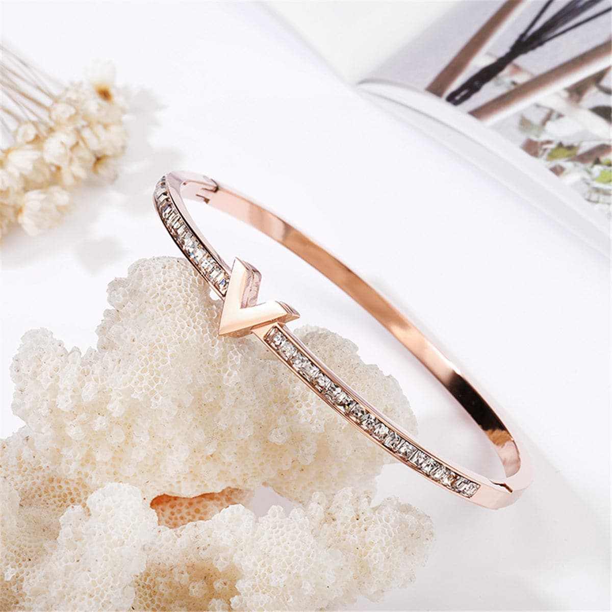 Cubic Zirconia & Rose Goldtone 'V' Bangle