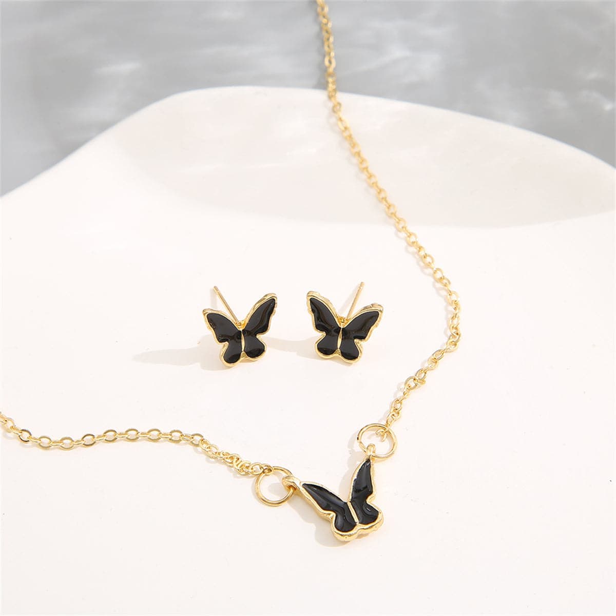 Black Enamel & Goldtone Butterfly Pendant Necklace Set
